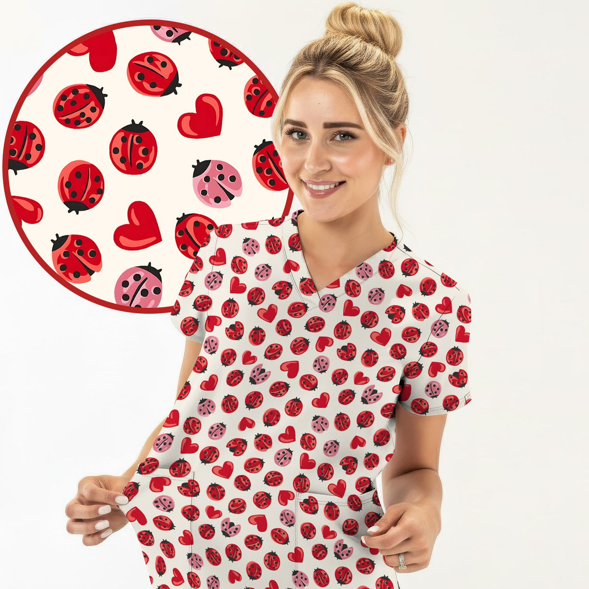 Ladybug Red Heart Nurse Scrub Top