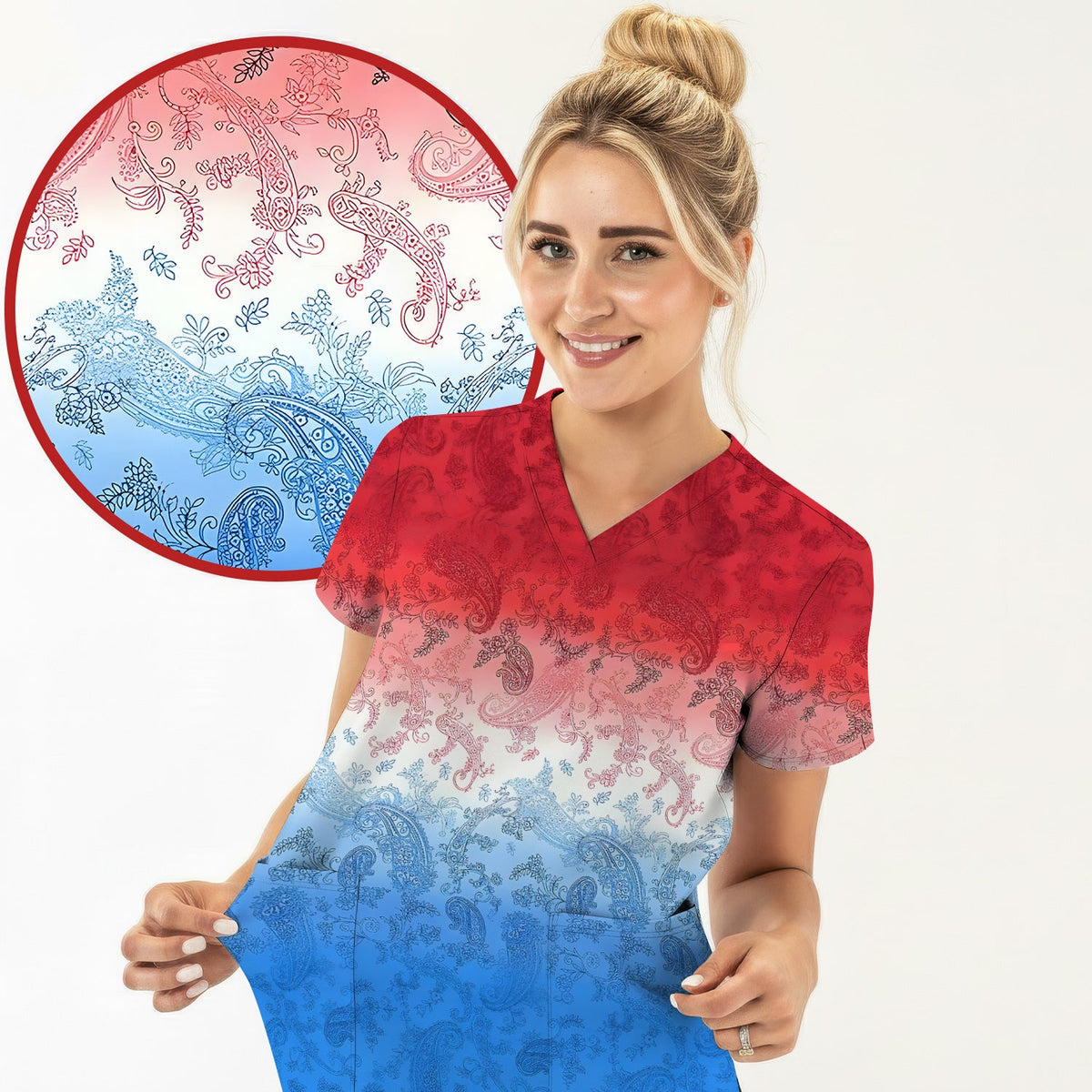 Red Blue Paisley Ombre Nurse Scrub Top