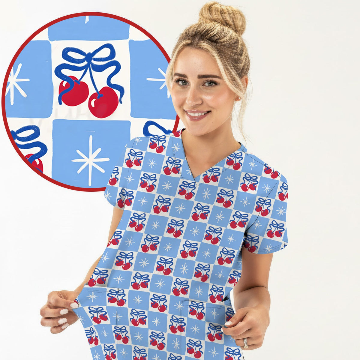 Cherry Bow Gingham Nurse Scrub Top