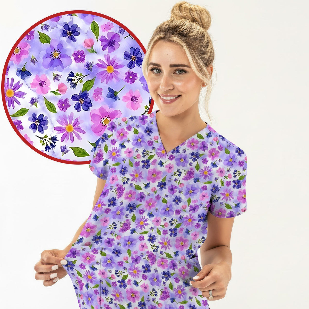 Purple Watercolor Wildflower Bloom Nurse Scrub Top