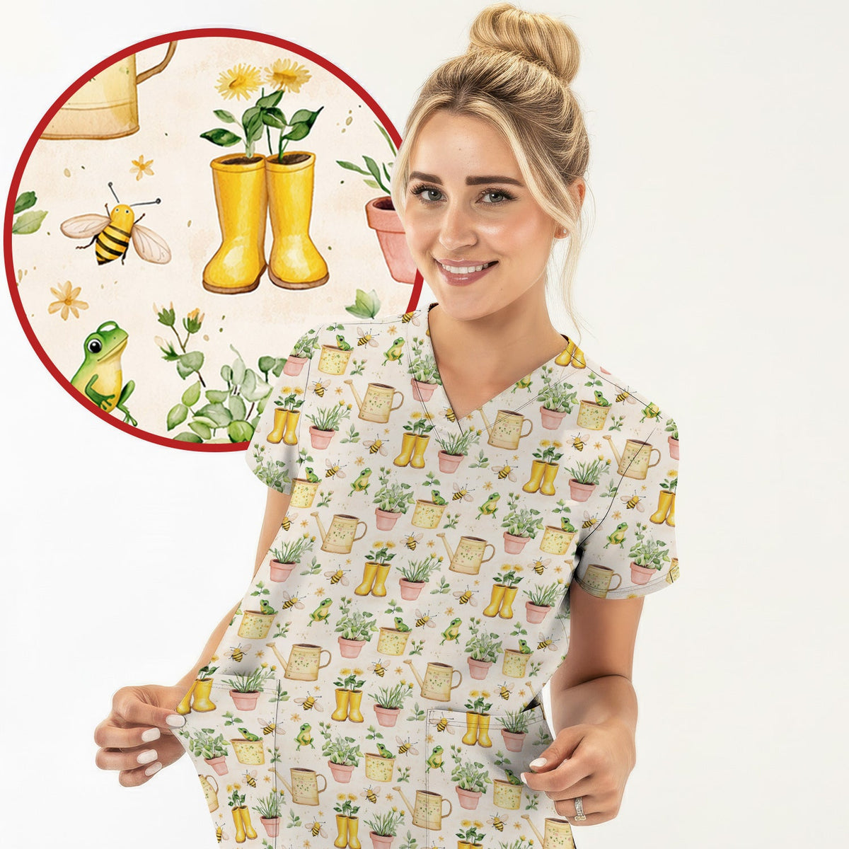Frog And Bee Garden Nurse Scrub Top