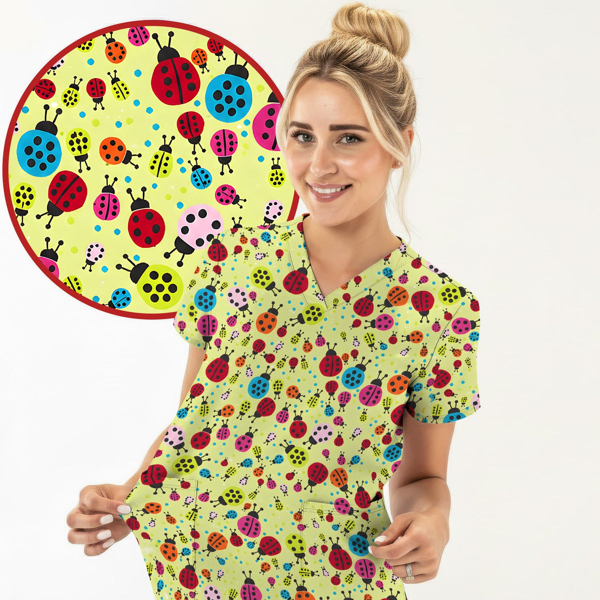 Colorful Ladybug Garden Nurse Scrub Top