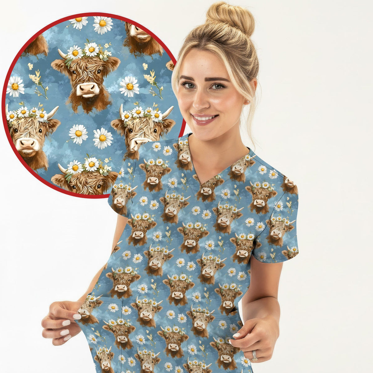Highland Cow Daisy Flower Nurse Scrub Top