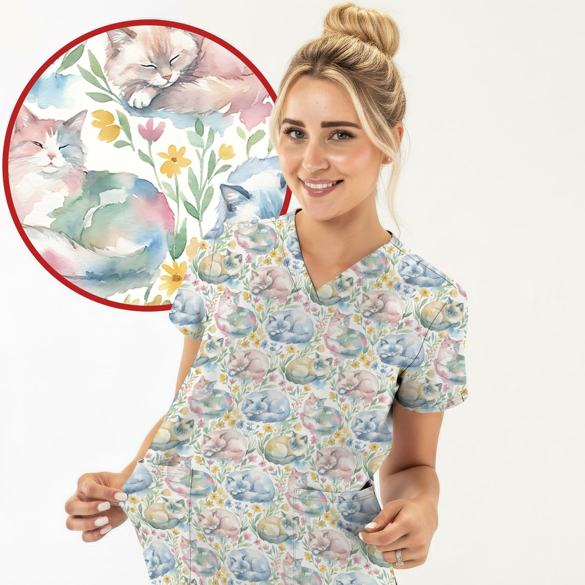 Dreamy Sleeping Cat Floral Nurse Scrub Top