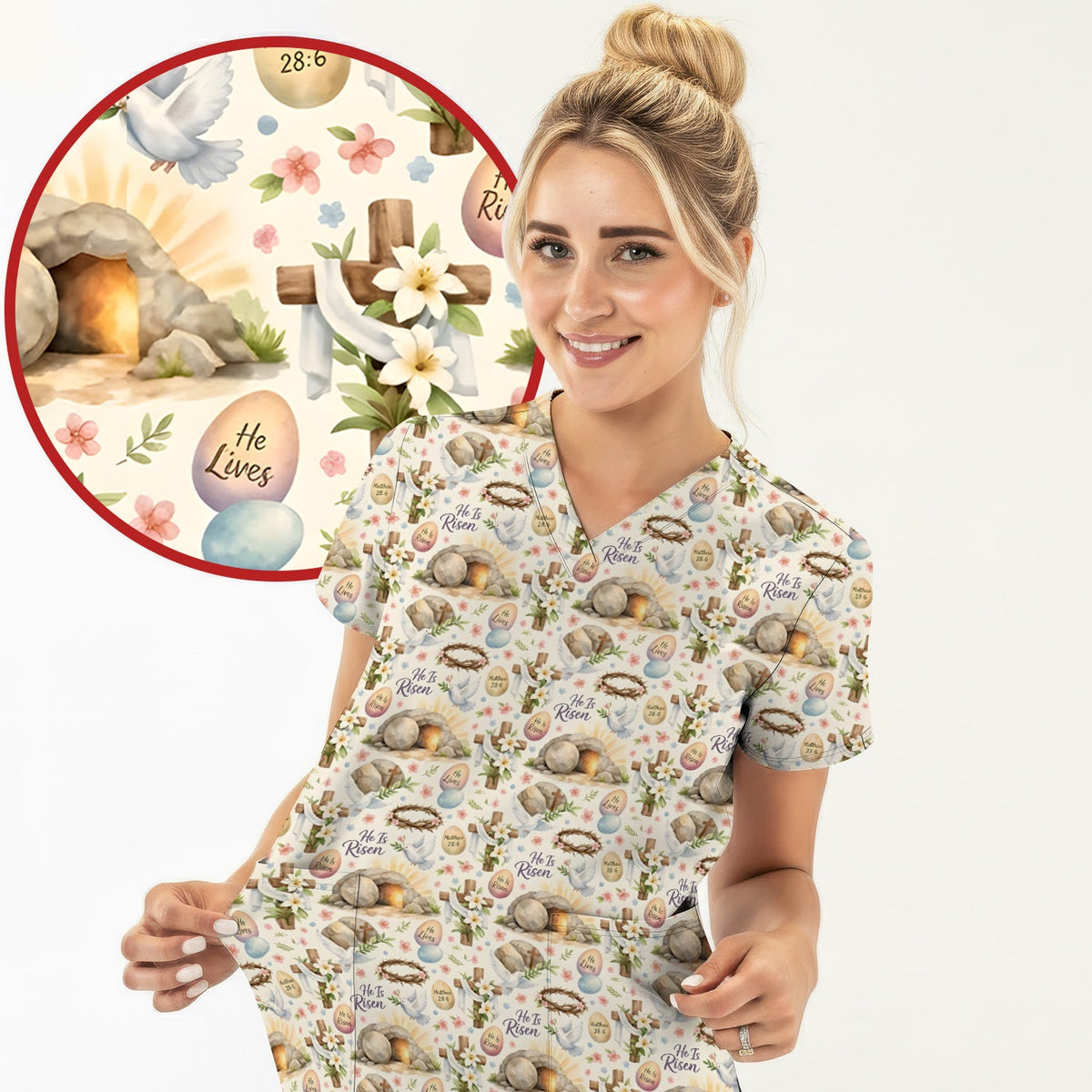 Risen Cross Tomb Lily Nurse Scrub Top - Easter Gift