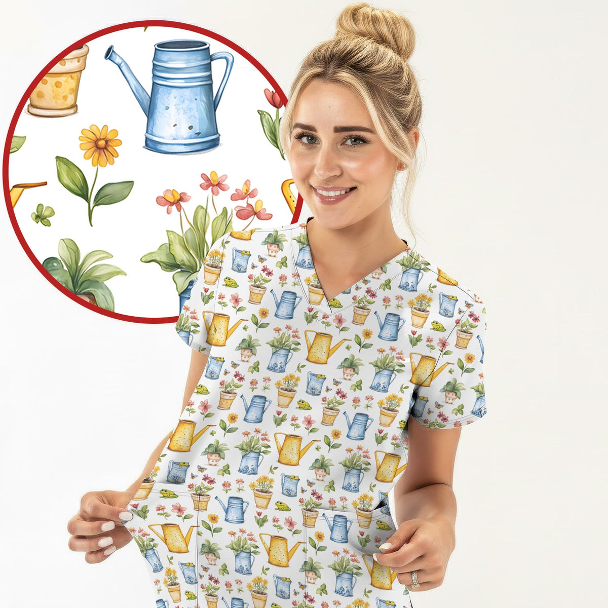 Watering Can Flower Pot Garden Nurse Scrub Top