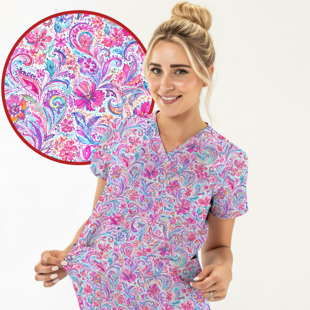 Elegant Pink Paisley Blossom Nurse Scrub Top