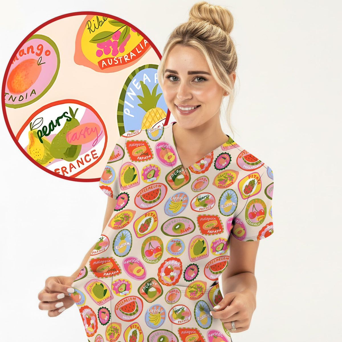 Summer Colorful Fruit Sticker Nurse Scrub Top
