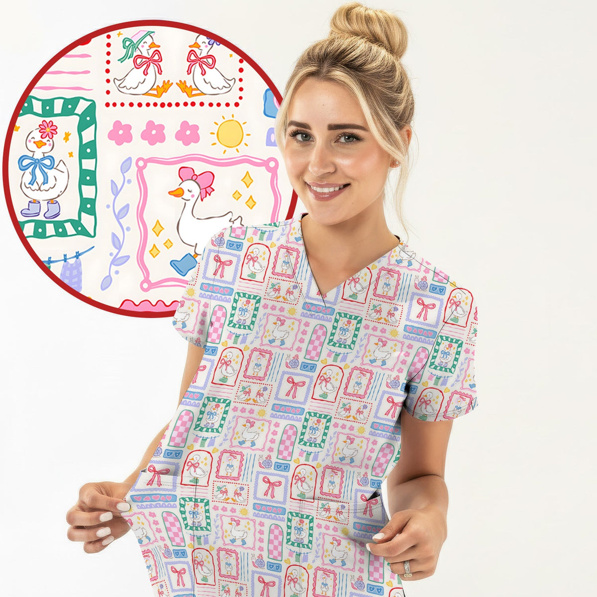 Adorable Goose Ribbon Patchwork Frame Nurse Scrub Top