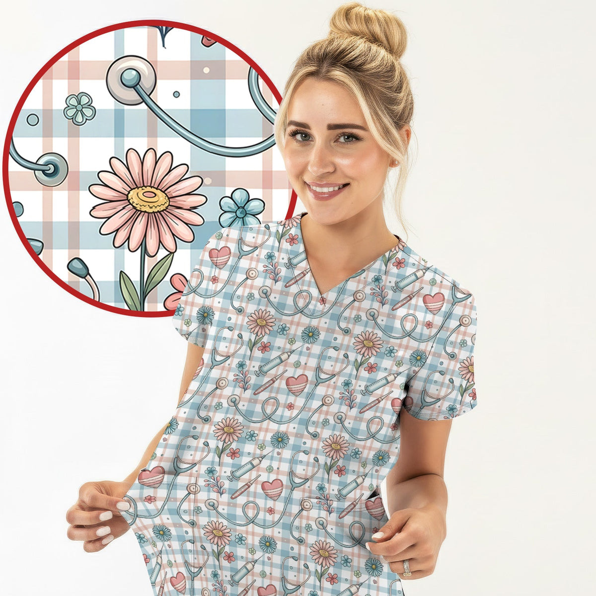 Stethoscope Heart Syringe Floral Plaid Nurse Scrub Top