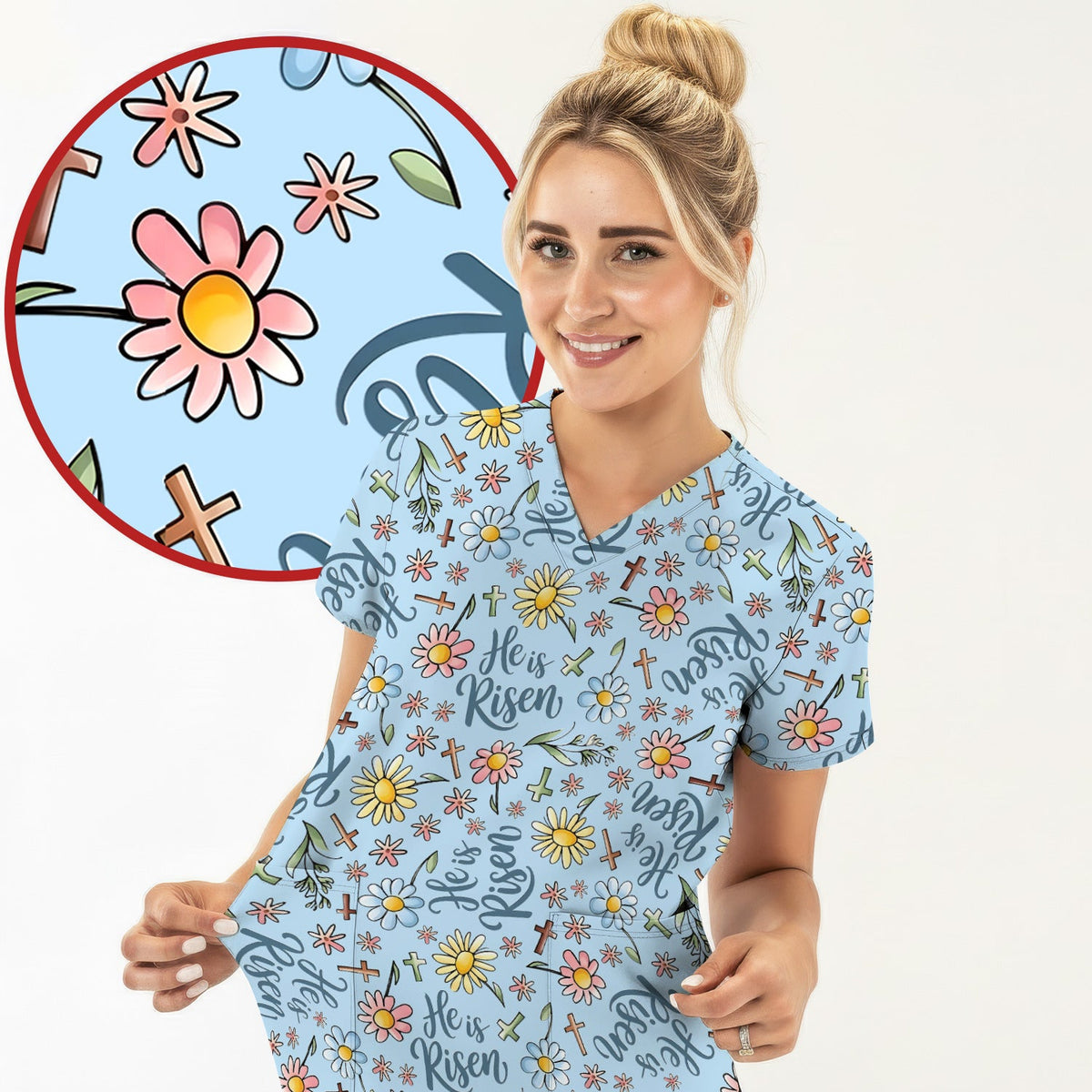 Risen Cross Flower Nurse Scrub Top - Easter Gift