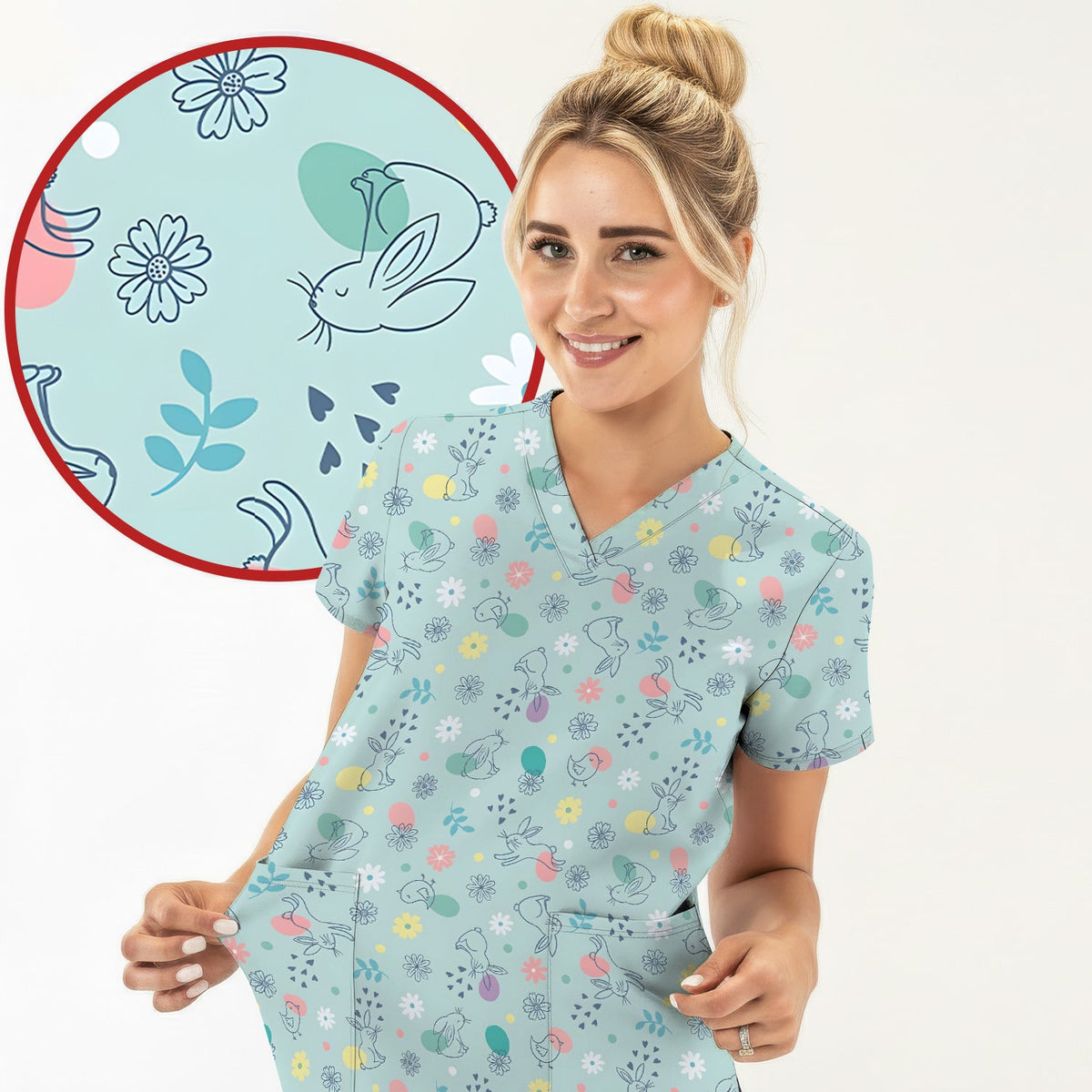 Whimsical Easter Bunny Eggs Nurse Scrub Top