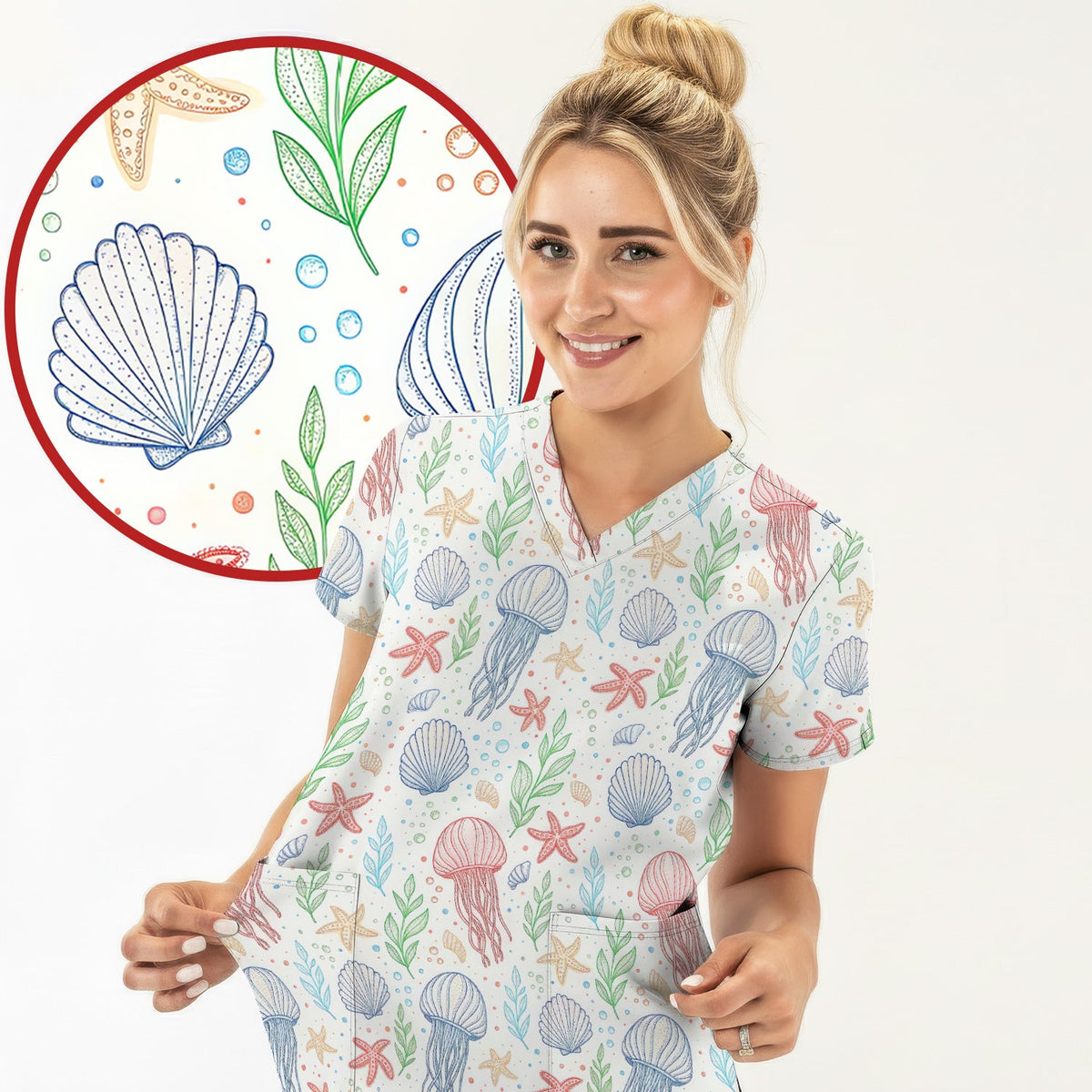 Ocean Jellyfish Starfish Seashell Nurse Scrub Top