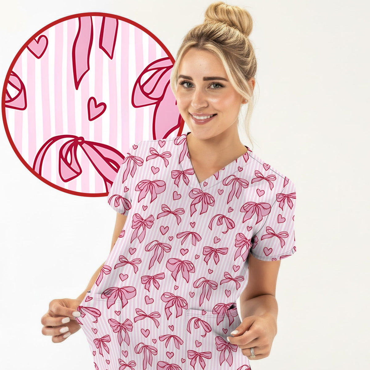 Pink Bow Heart Stripe Nurse Scrub Top
