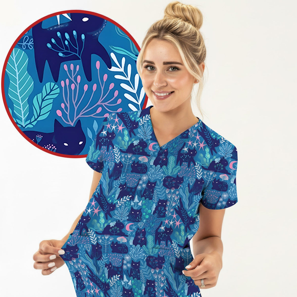Adorable Celestial Cat Moon Star Nurse Scrub Top