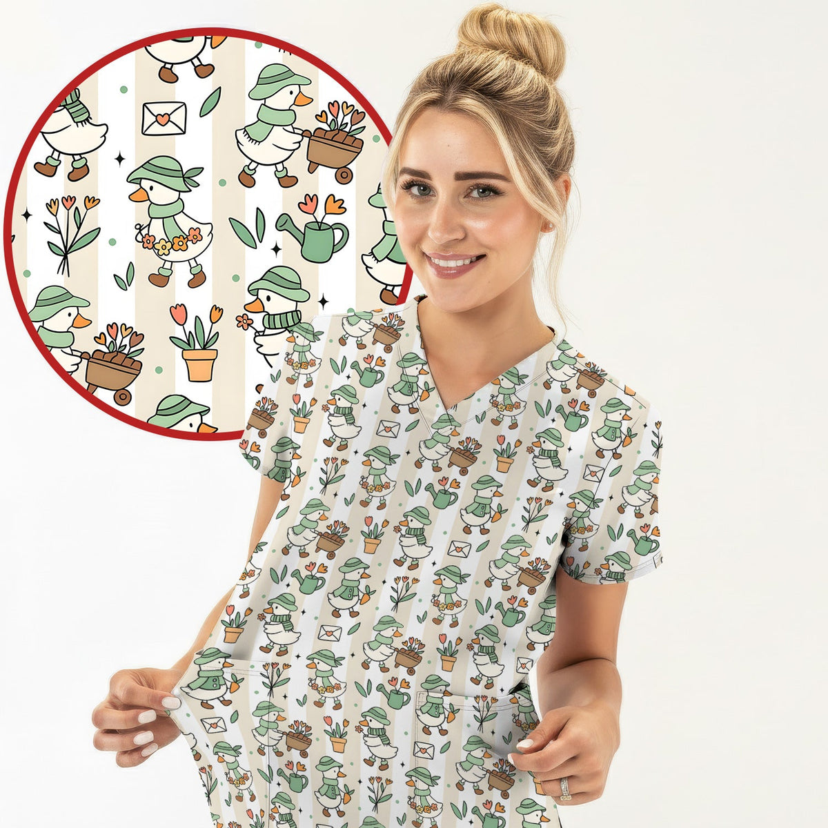Gardening Duck Floral Nurse Scrub Top