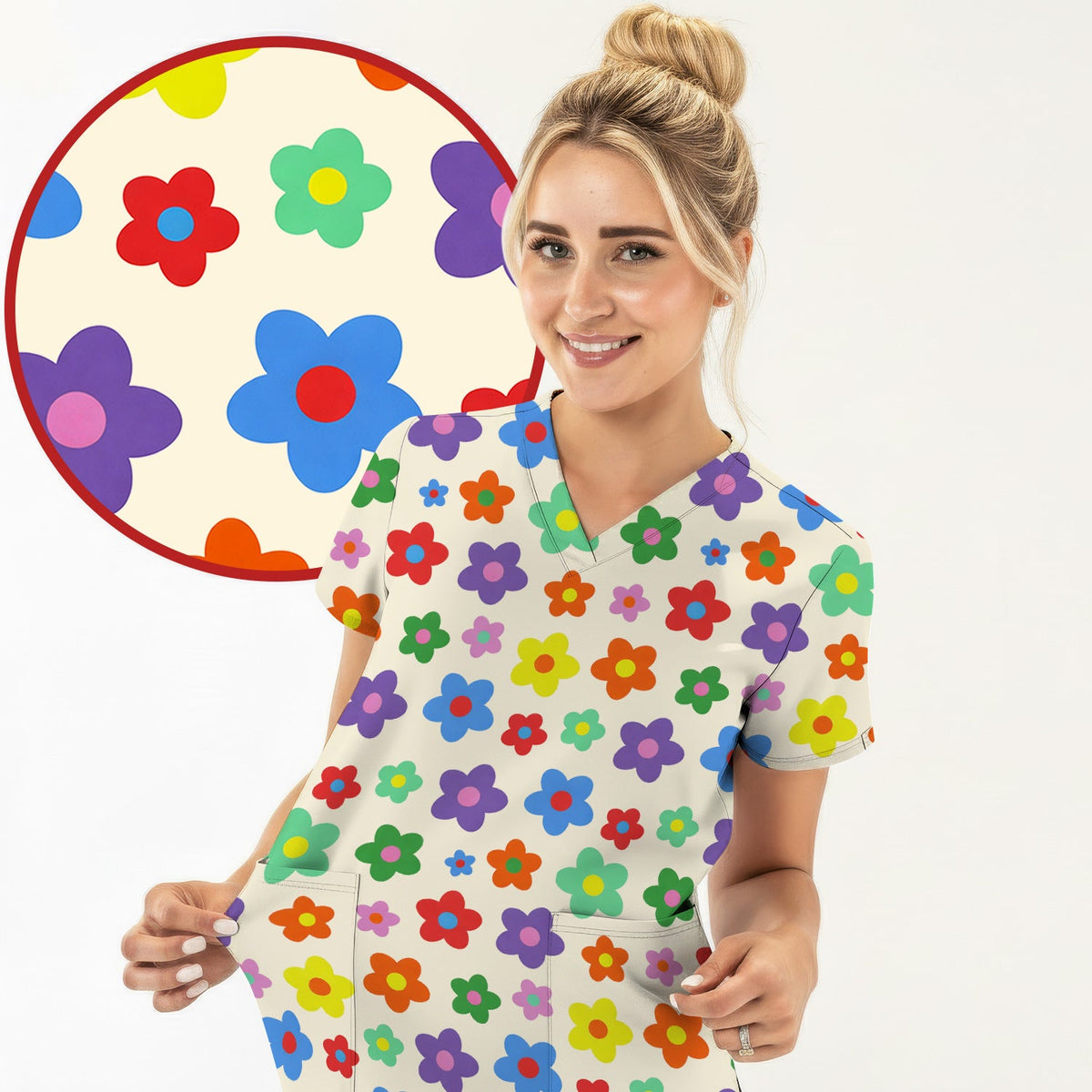 Colorful Retro Flower Nurse Scrub Top