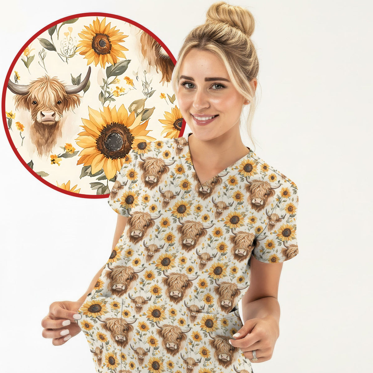 Highland Cow Sunflower Scrub Top, Rustic Farmhouse Nursing Uniform