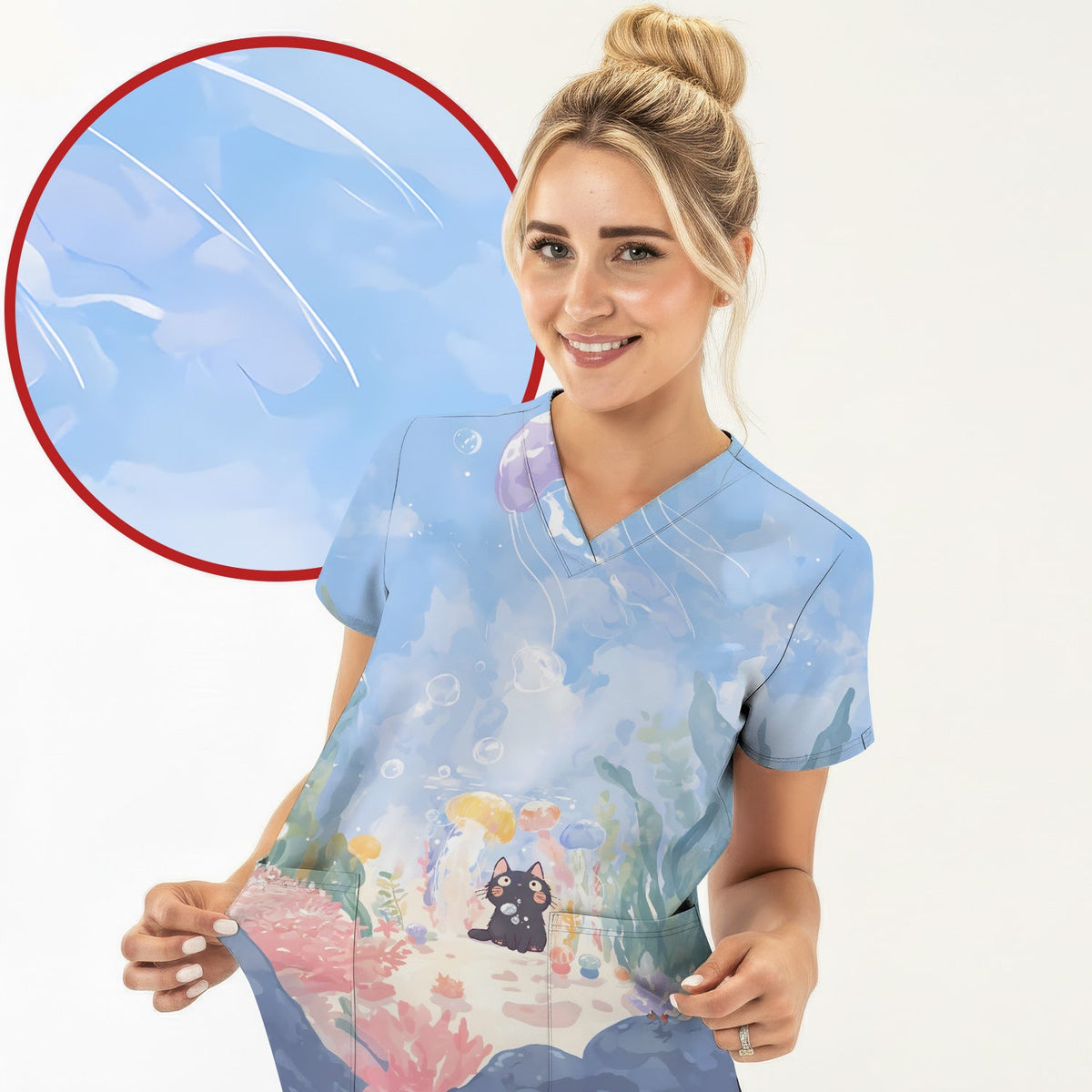 Underwater Black Cat Jellyfish Nurse Scrub Top