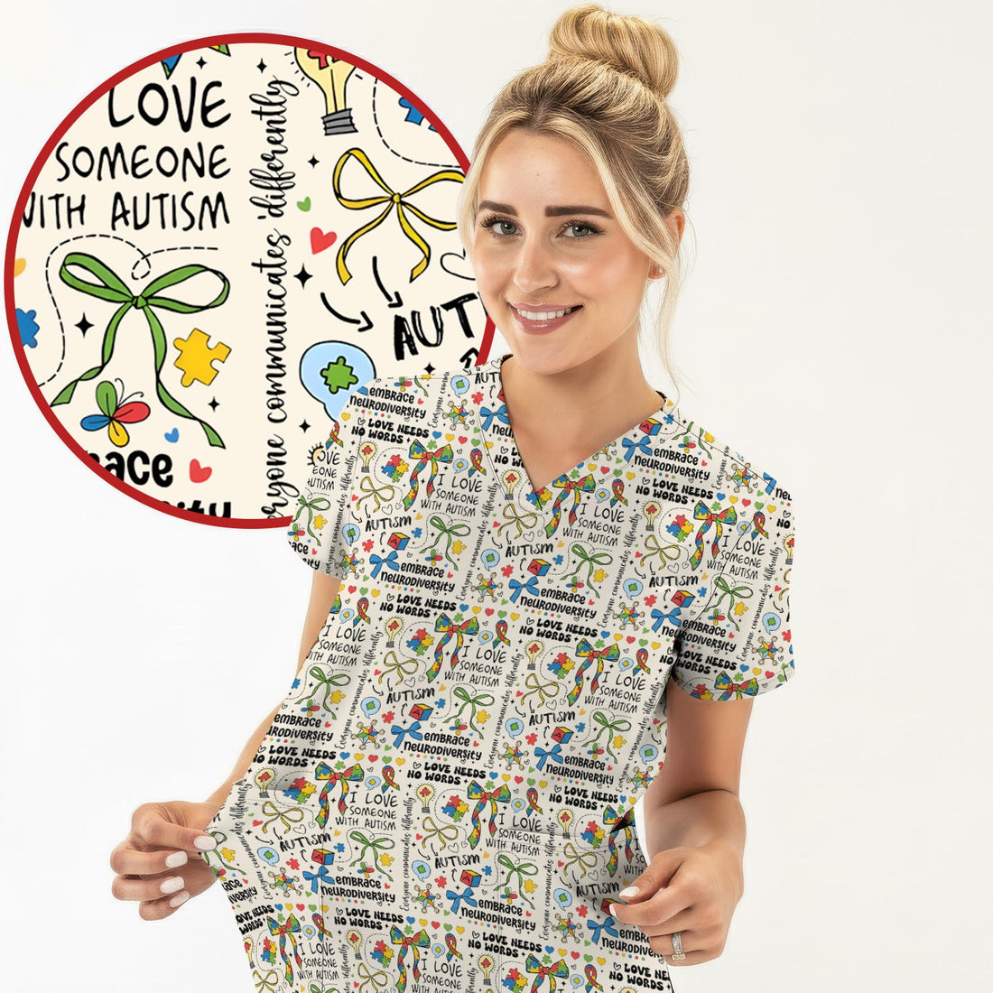 Autism Awareness Puzzle Ribbon Pastel Nurse Scrub Top