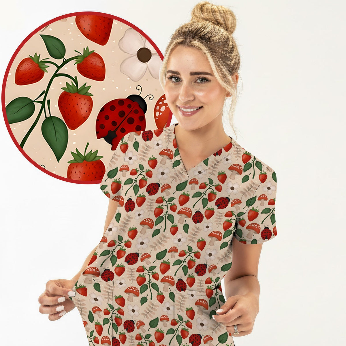 Strawberry Ladybug Mushroom Floral Nurse Scrub Top