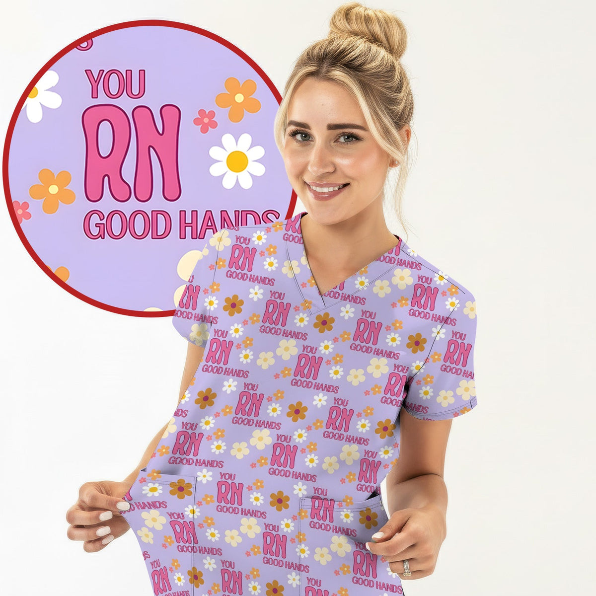 You RN Good Hands Floral Daisy Nurse Scrub Top