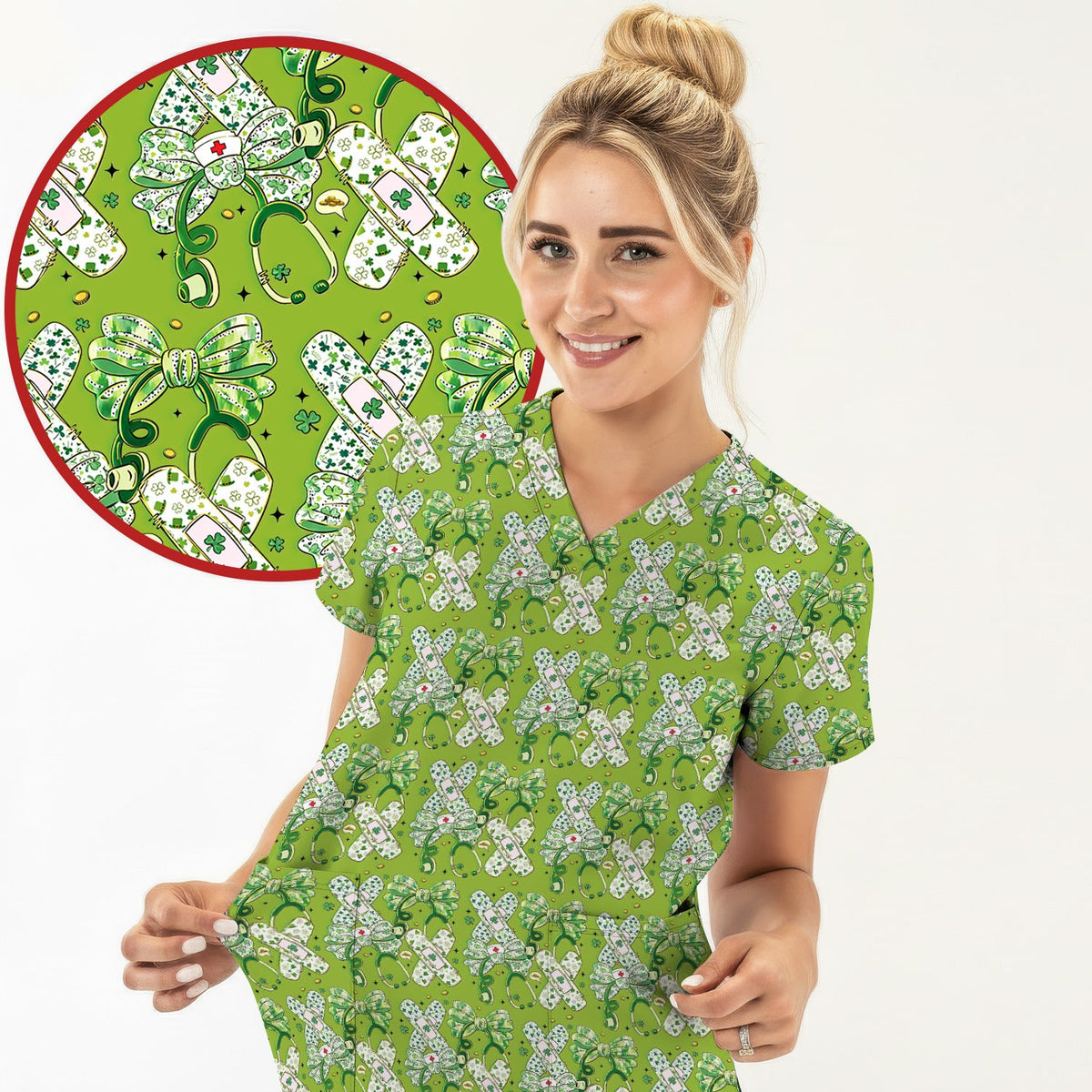St Patrick Shamrock Stethoscope Nurse Scrub Top
