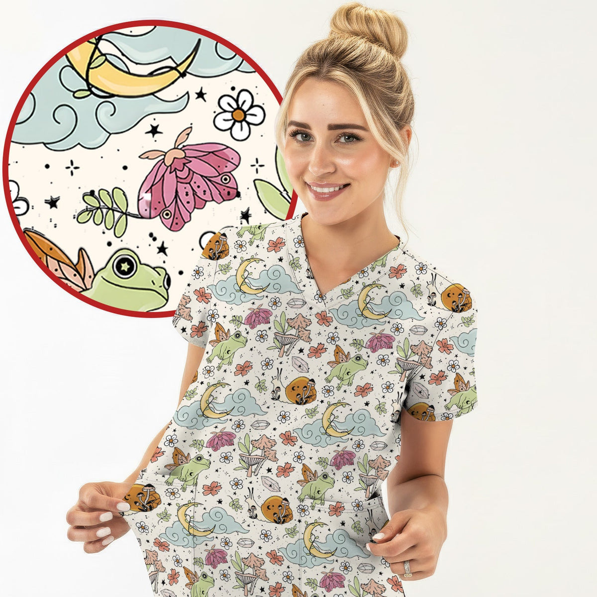 Whimsical Frog Moon Mushroom Nurse Scrub Top