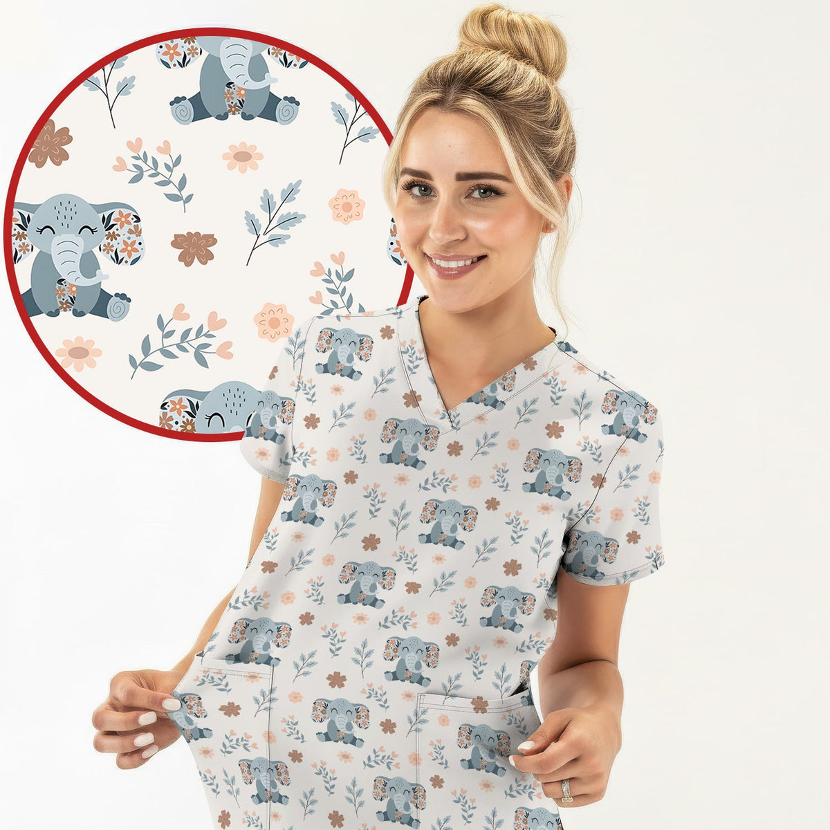 Cute Elephant Floral Print Scrub Set, Scrub Pants and V Neck Top