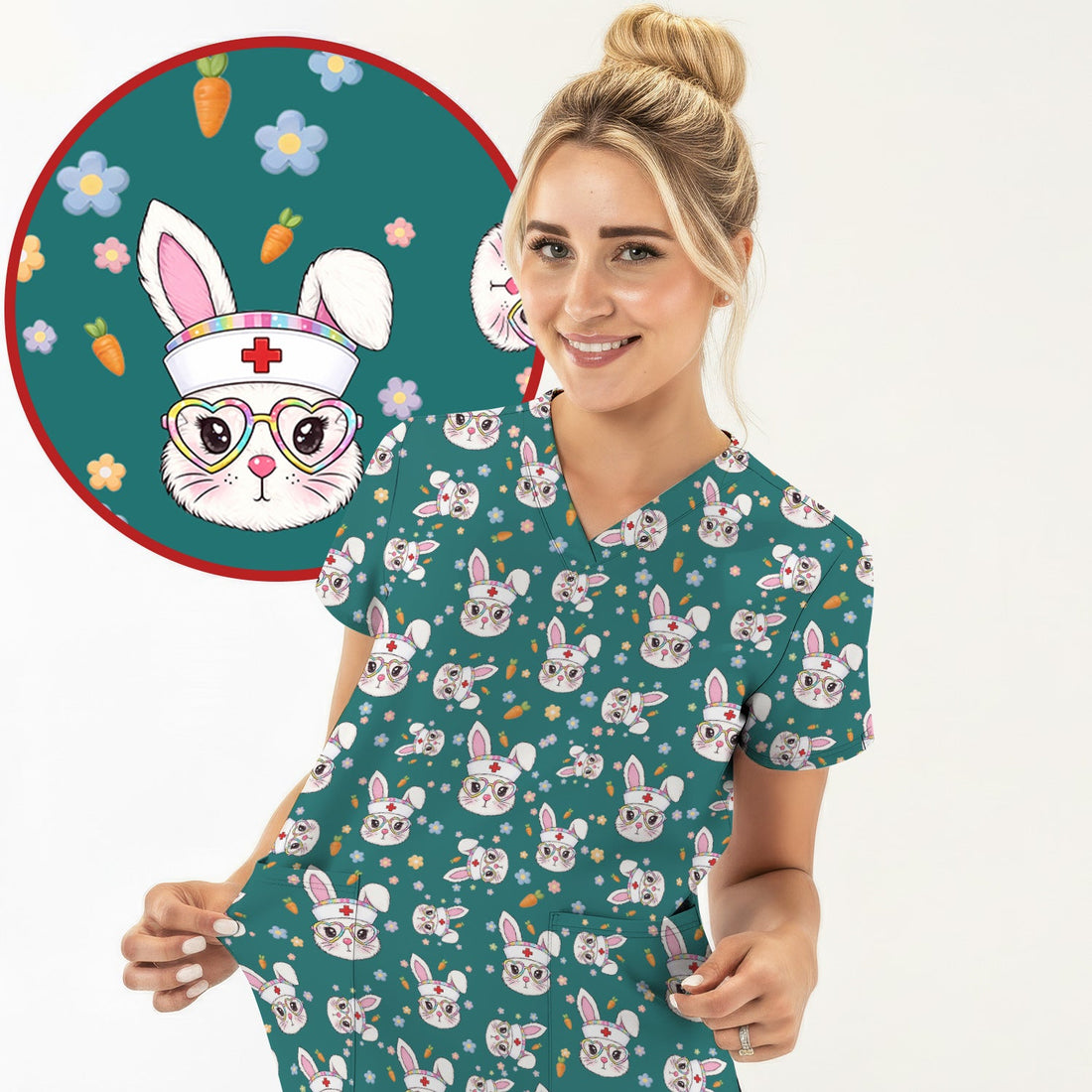 Cute Easter Bunny Nurse Pattern Scrub Top, Breathable Fabrics Nursing Uniform