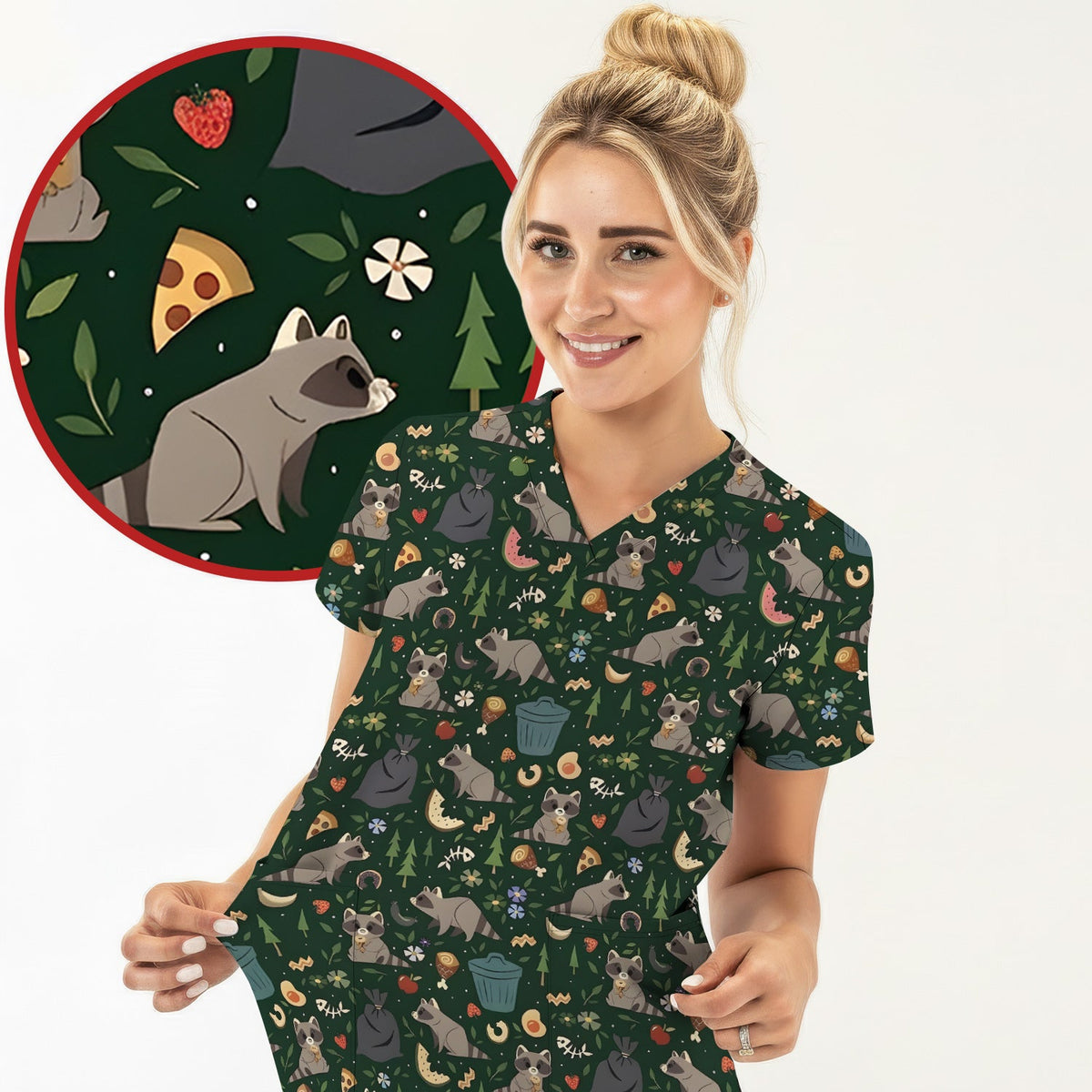 Raccoon Forest Food Nurse Scrub Top