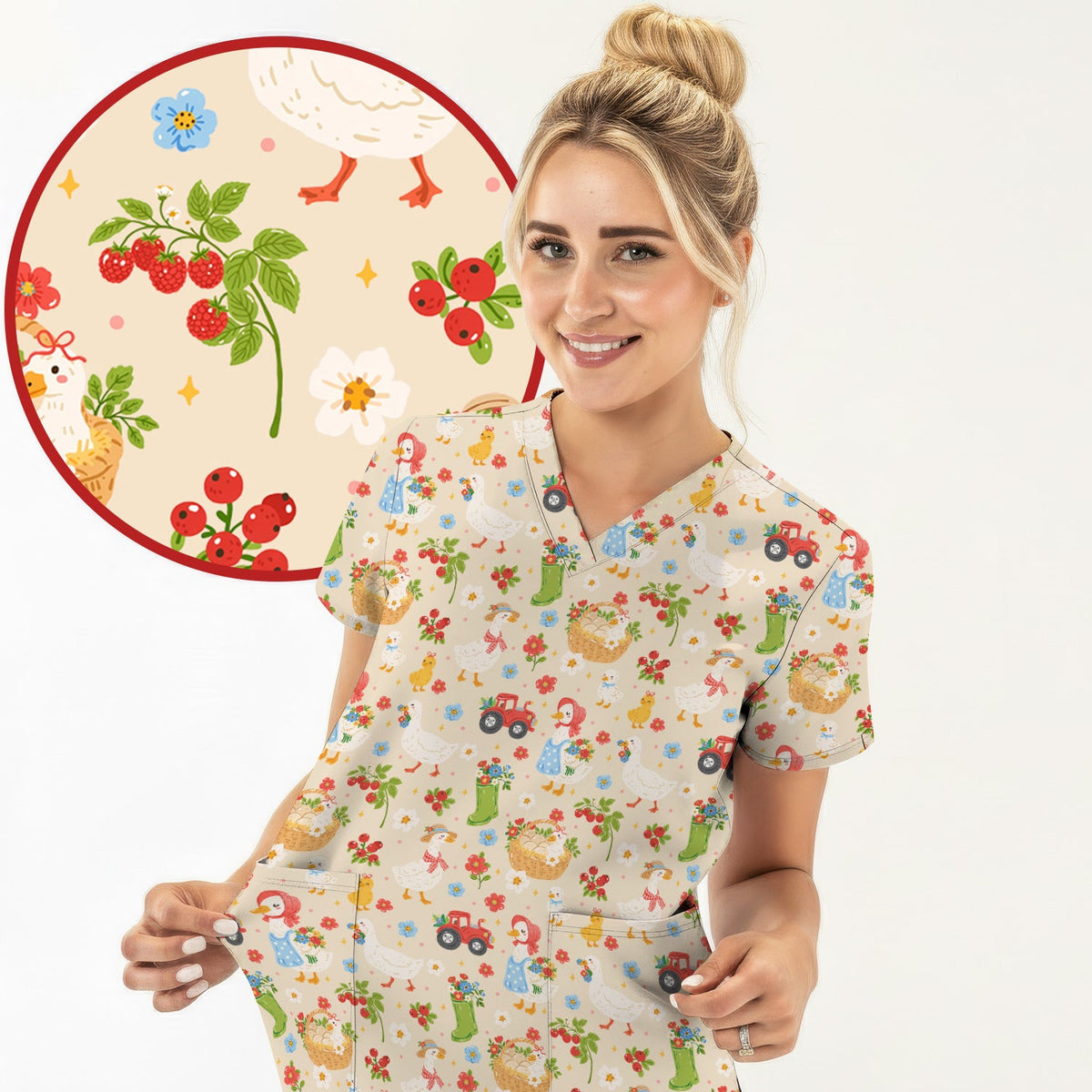 Farm Duck Chicken Tractor Flower Basket Nurse Scrub Top