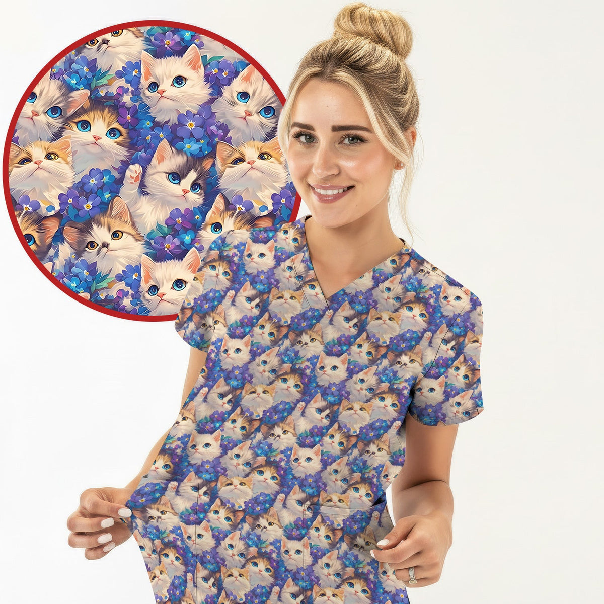 Cute Blue Eyed Kitten Nurse Scrub Top
