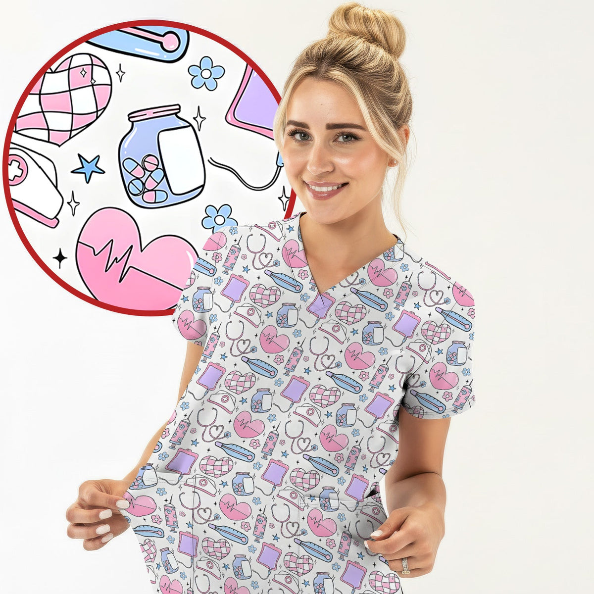 Pastel Medical Icons Nurse Scrub Top