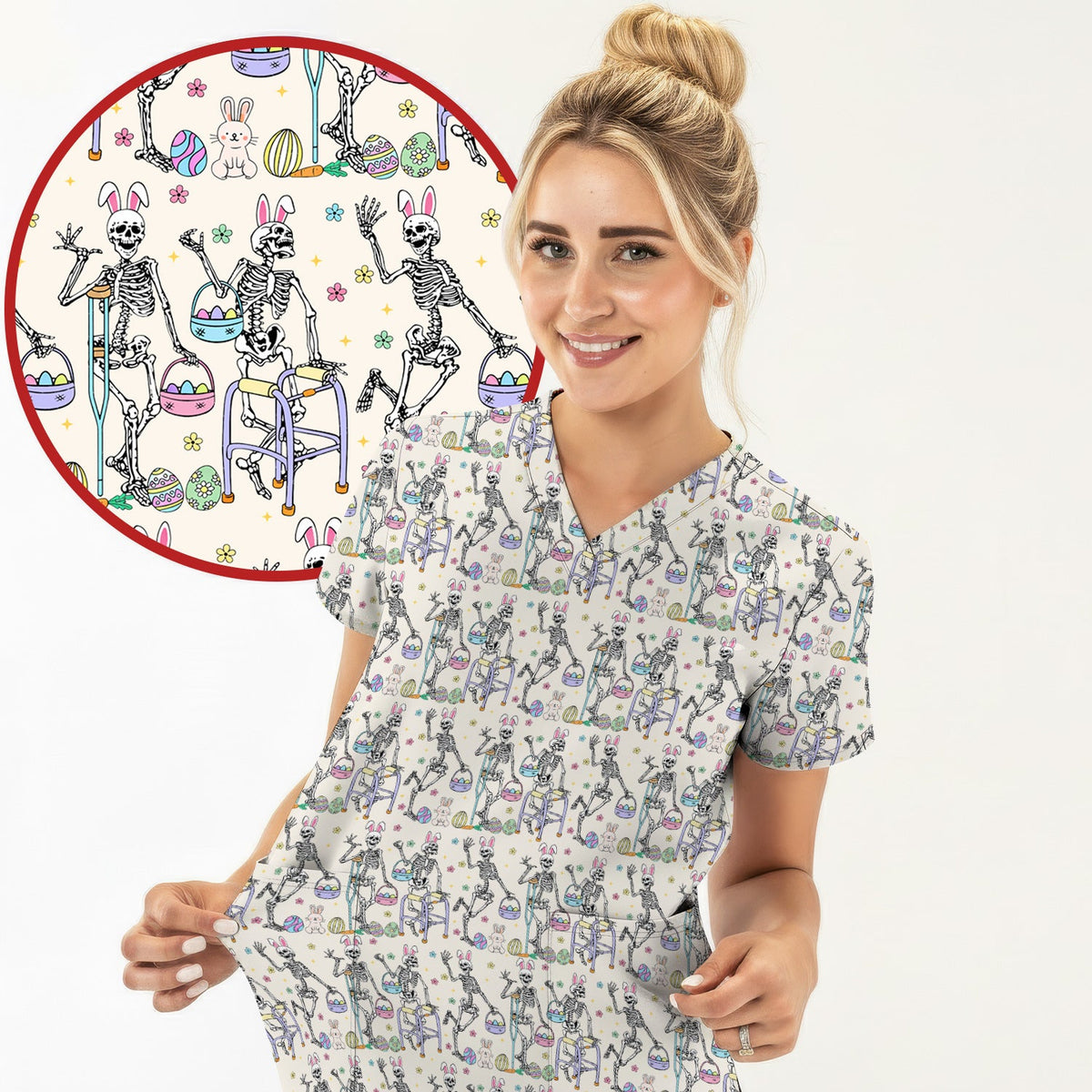 Fun Skeleton Bunny Nurse Scrub Set - Easter Gift