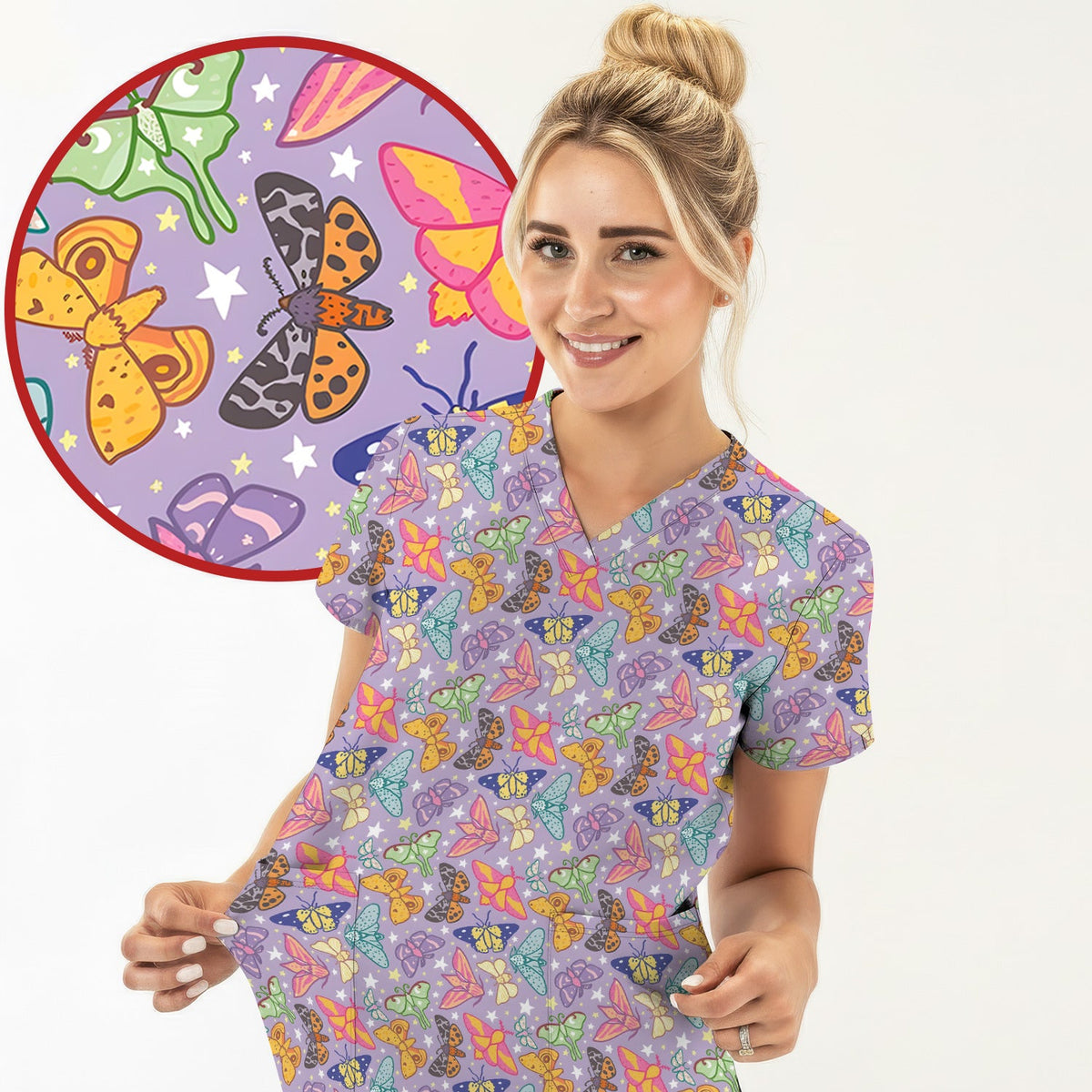 Colorful Butterfly Moth Nurse Scrub Top