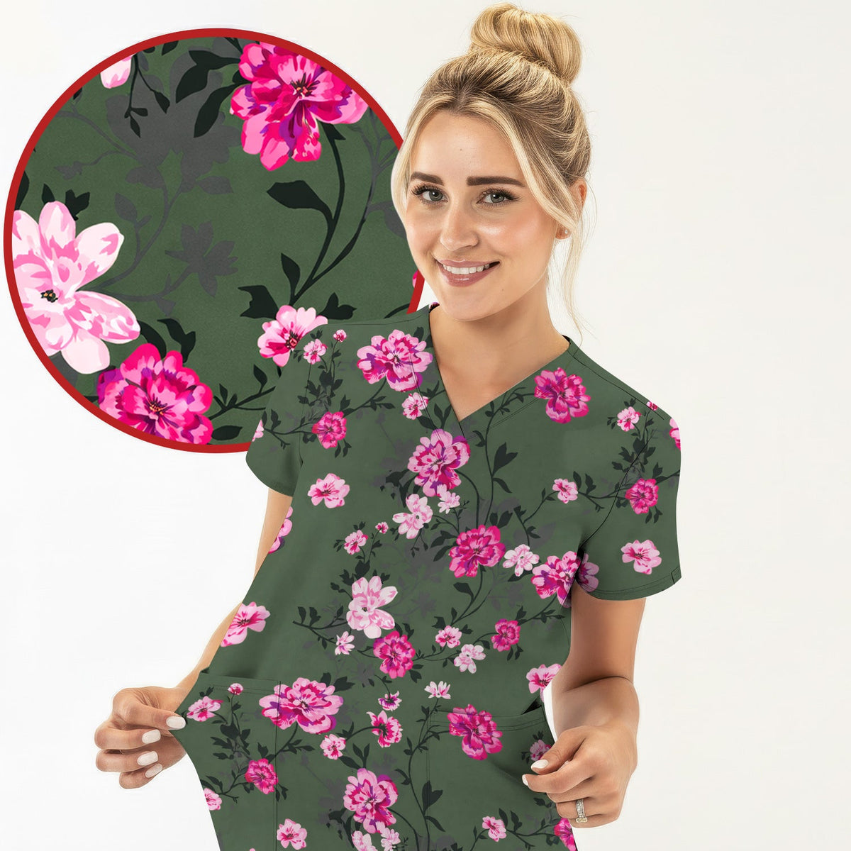 Pink Floral Blossom Nurse Scrub Set