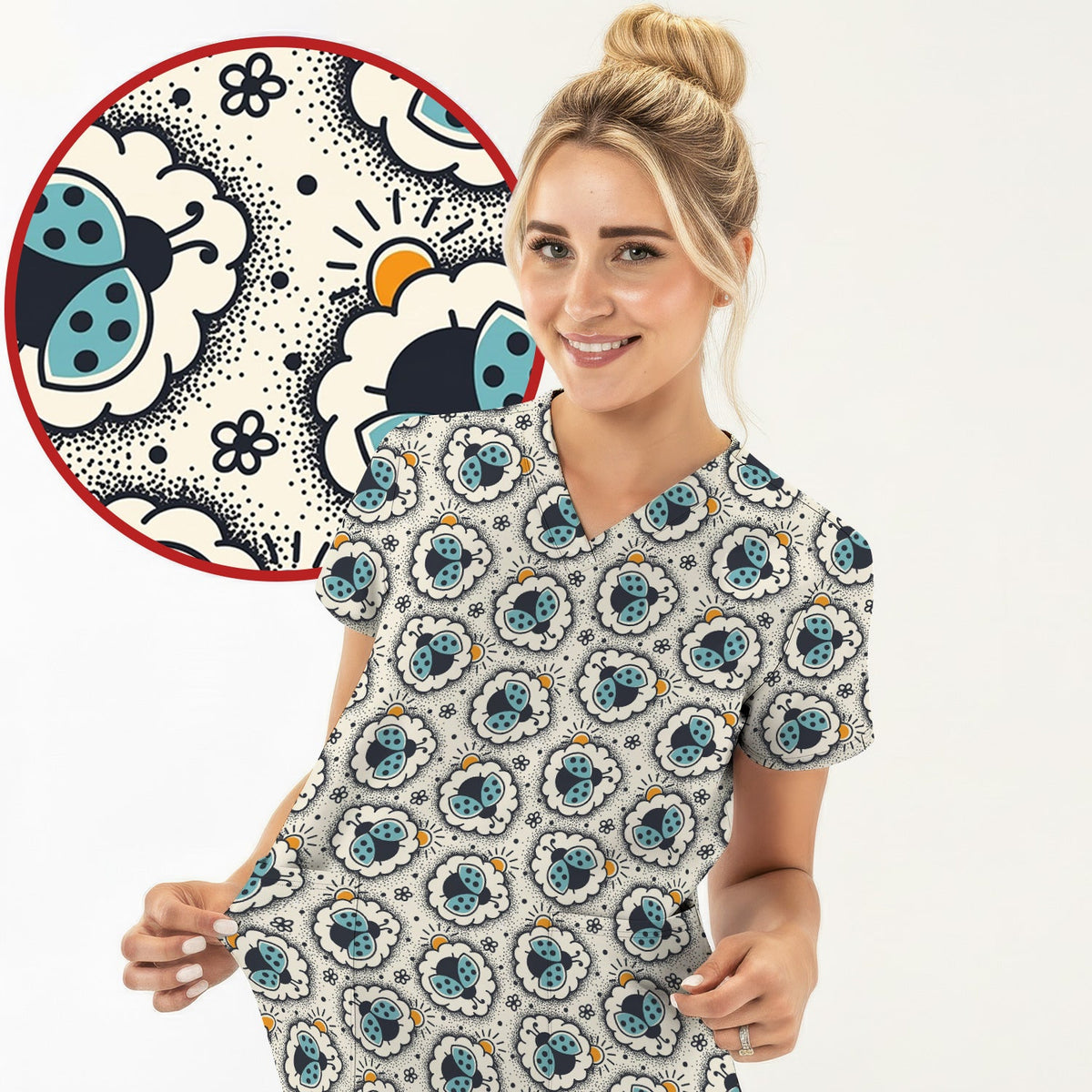 Ladybug Floral Frame Nurse Scrub Top
