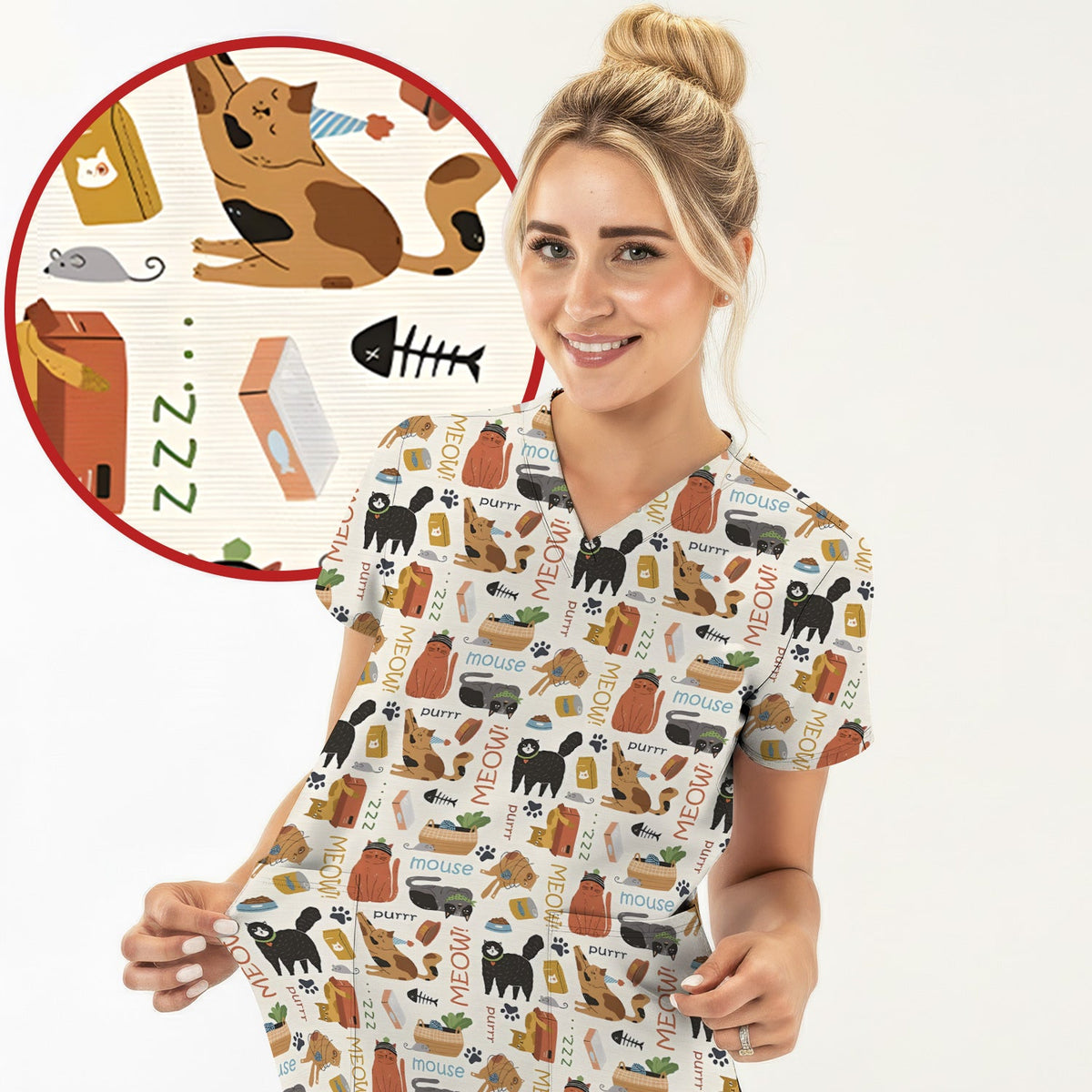 Meow Purr Cat Nurse Scrub Top