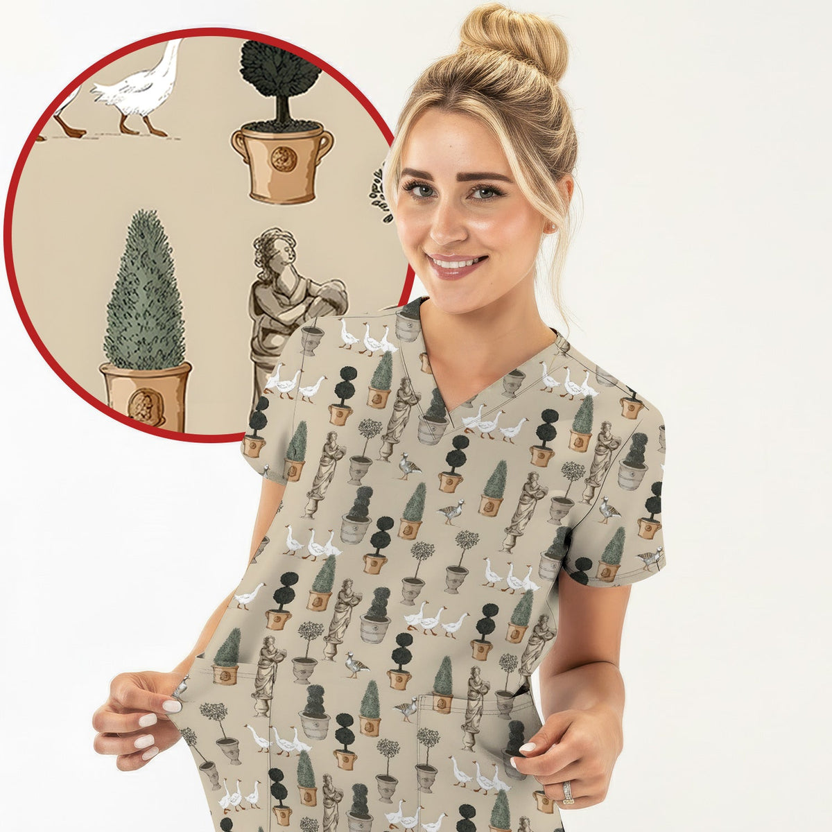 Vintage Garden Statue Topiary Goose Bird Nurse Scrub Top