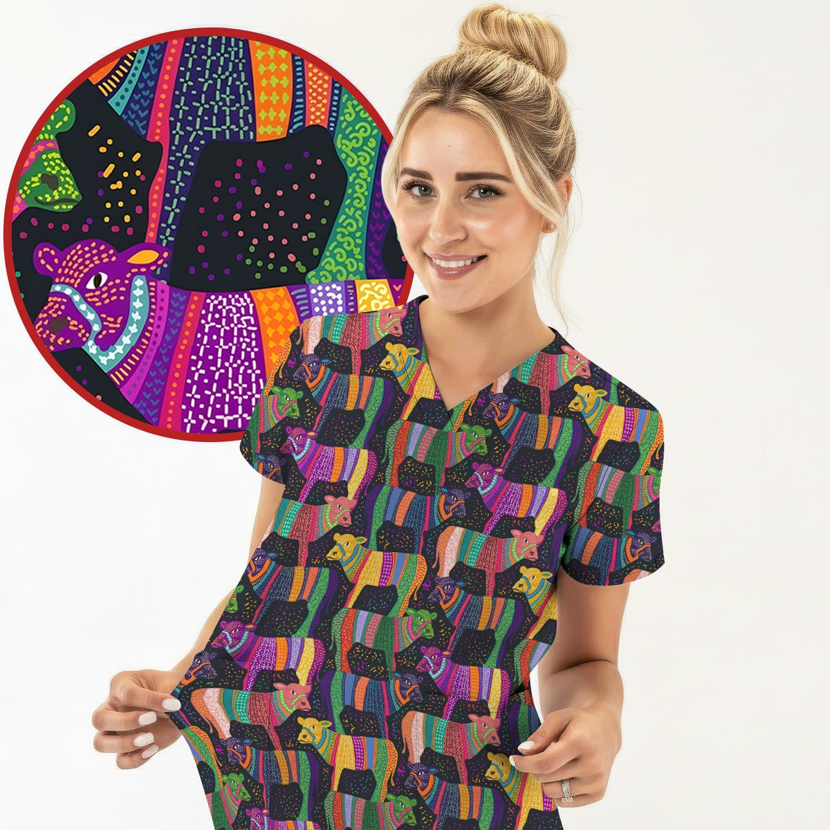 Vibrant Patchwork Rainbow Cow Nurse Scrub Top