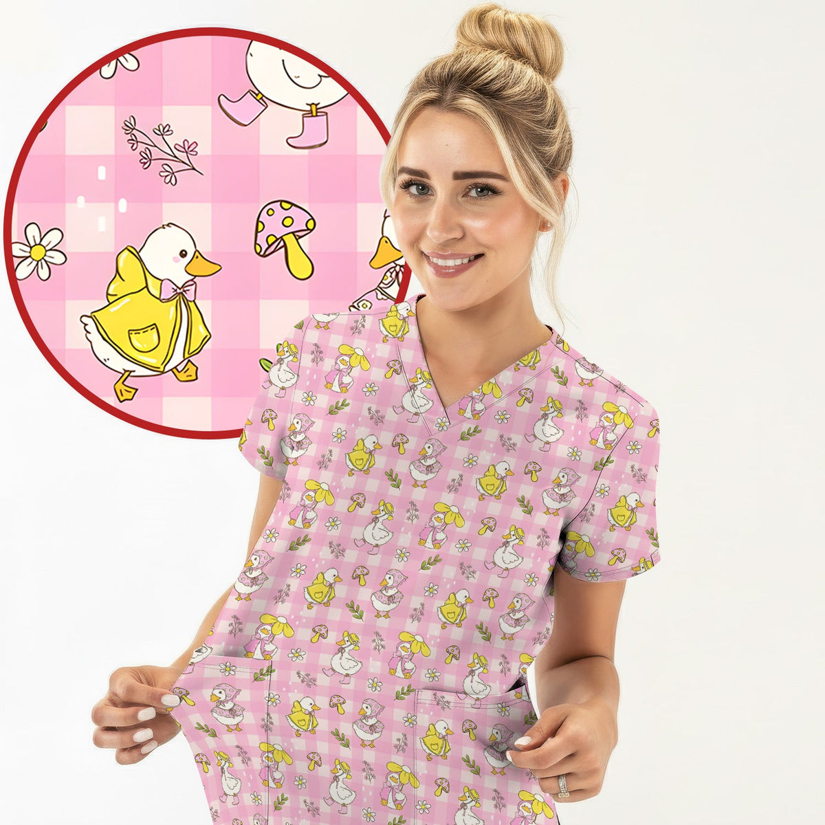 Spring Duckling Gingham Nurse Scrub Top