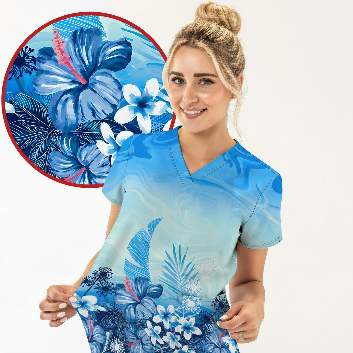 Elegant Blue Tropical Floral Nurse Scrub Top