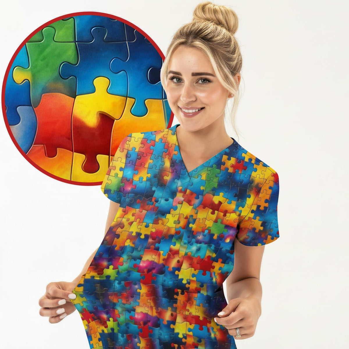 Rainbow Puzzle Piece Nurse Scrub Set