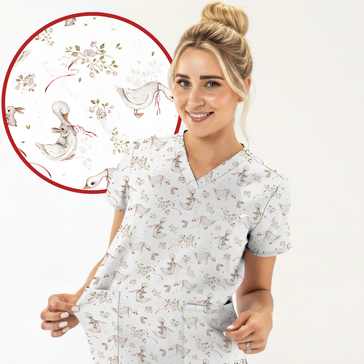 Duck Bunny Floral Nurse Scrub Set - Easter Gift