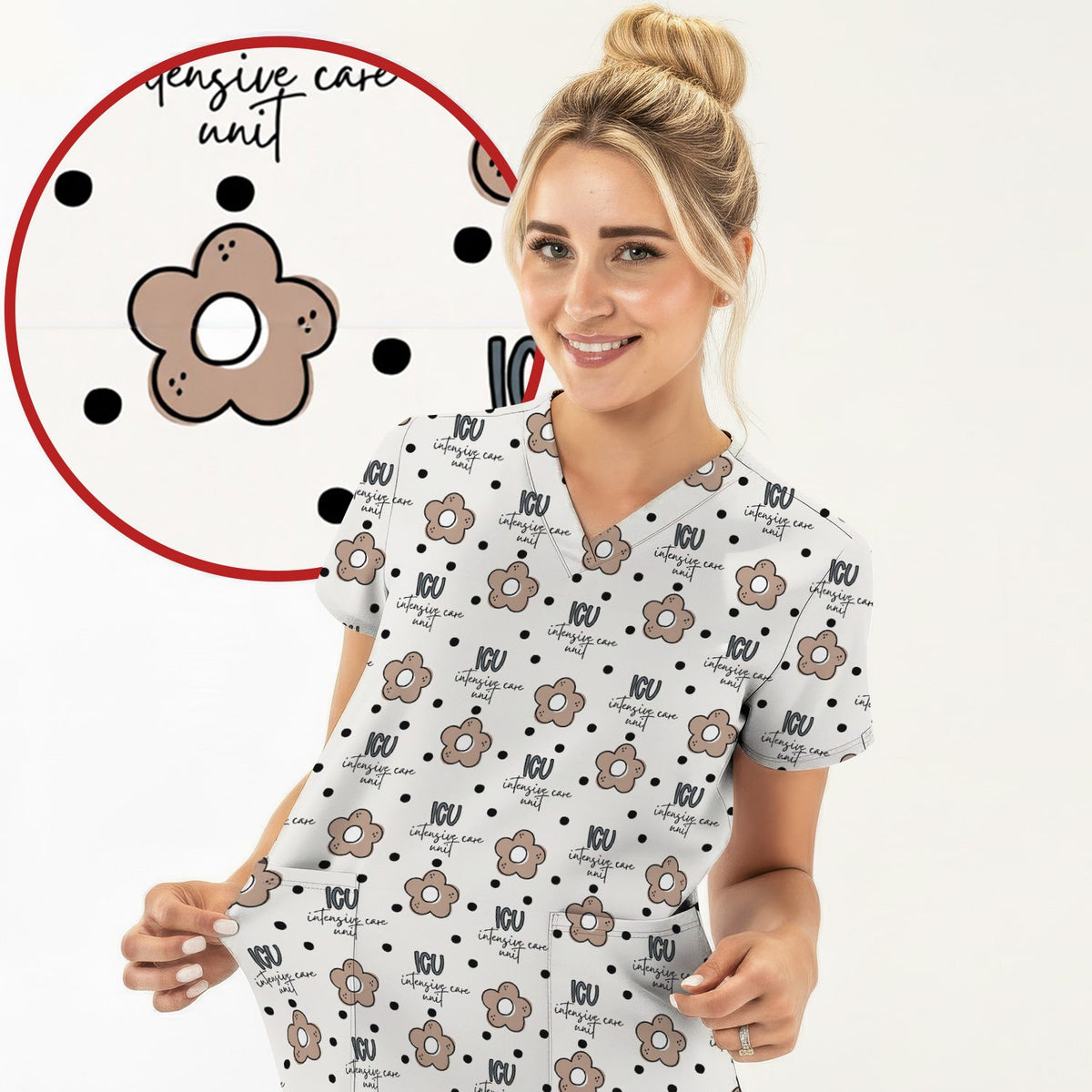 ICU Flower Polka Dot Nurse Scrub Top