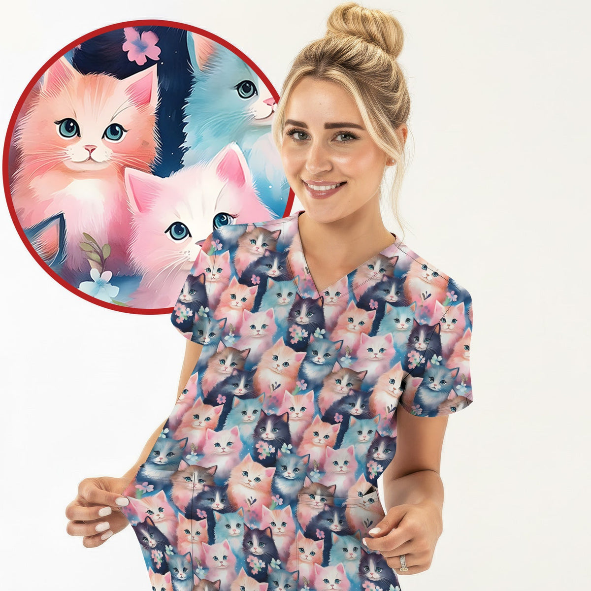 Pastel Kitten Aesthetic Nurse Scrub Top