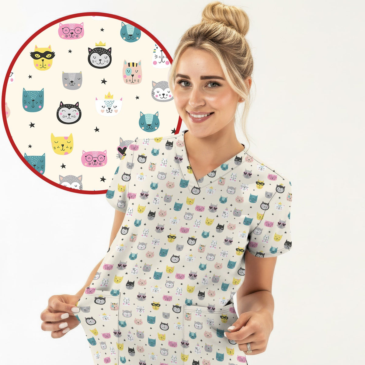 Colorful Cat Nurse Scrub Top