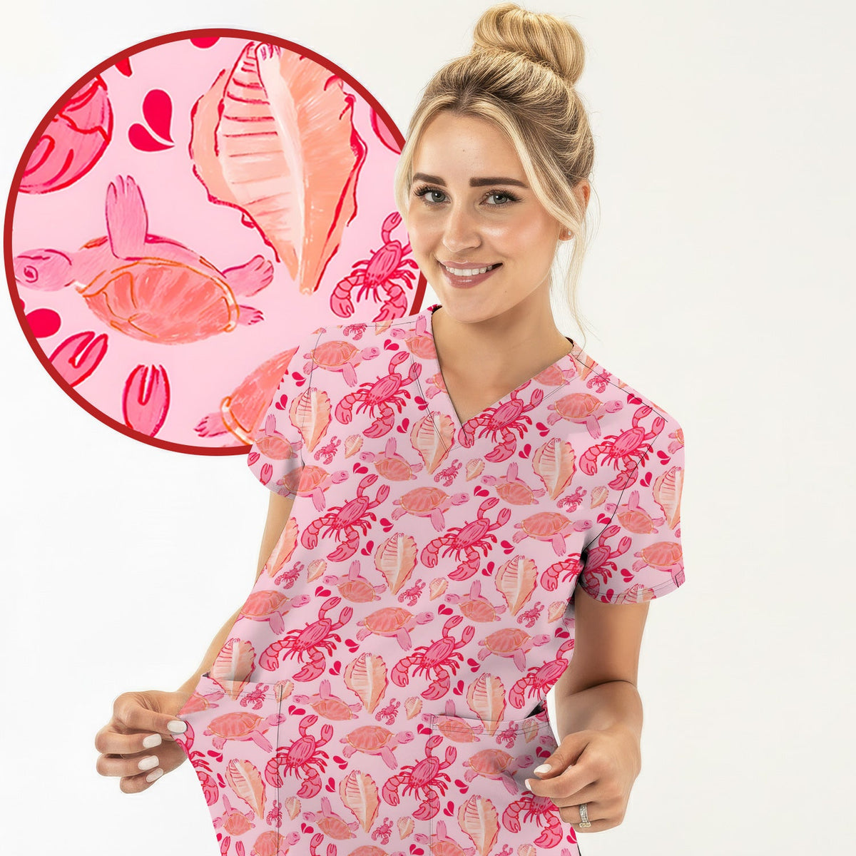 Pink Sea Turtle Lobster Shell Nurse Scrub Top
