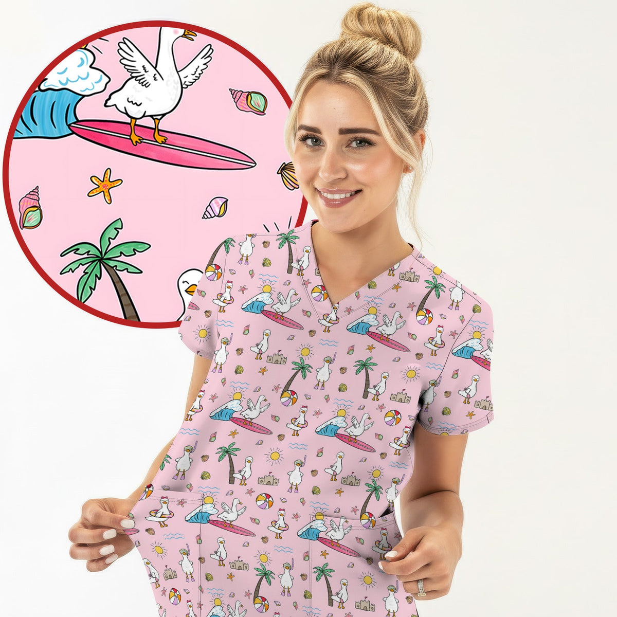 Seagull Surfboard Beach Palm Tree Nurse Scrub Top